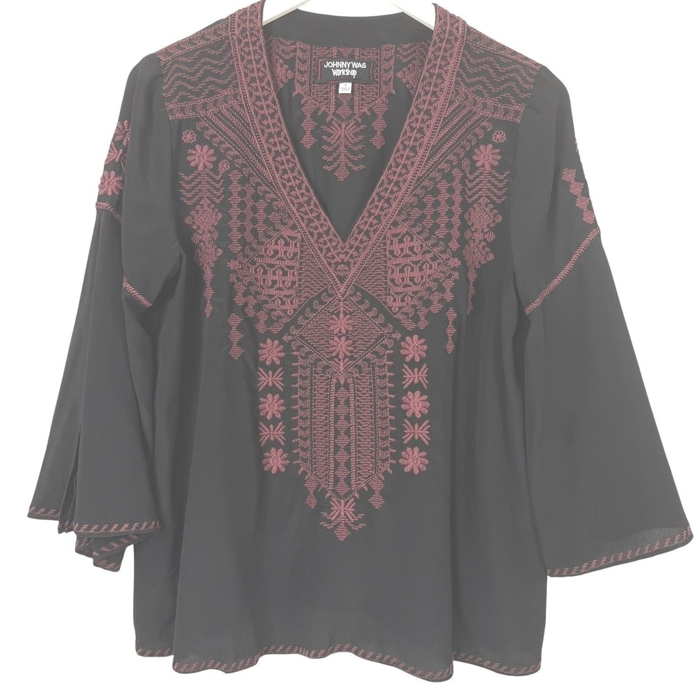 Johnny Was Workshop Silk Top Embroidered Floral Boho Tunic Bell Sleeve Black S